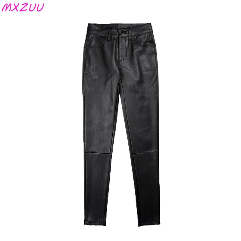 Black/White Genuine Leather Pencile Pants Sheepskin Classic High Waist Skinny Trousers Stretch Leggings for Women Pantalon Mujer
