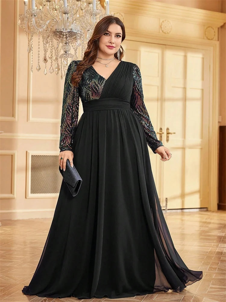 Lucyinlove Plus Size Luxury Chiffon Splicing Long Sleeve Evening Dresses Women Sequins Wedding Party Cocktail Floor Lenght Gowns