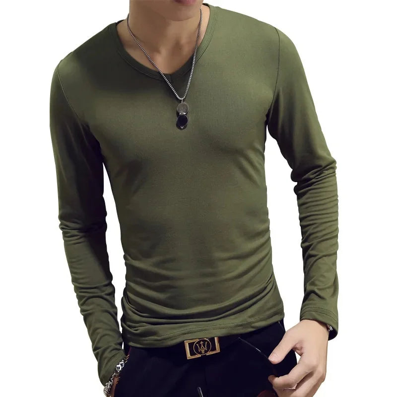 2023 Men's Long Sleeve T-shirts Loose-Fit Solid Color V-Neck Base Layer Top Thin Style Autumn Clothing