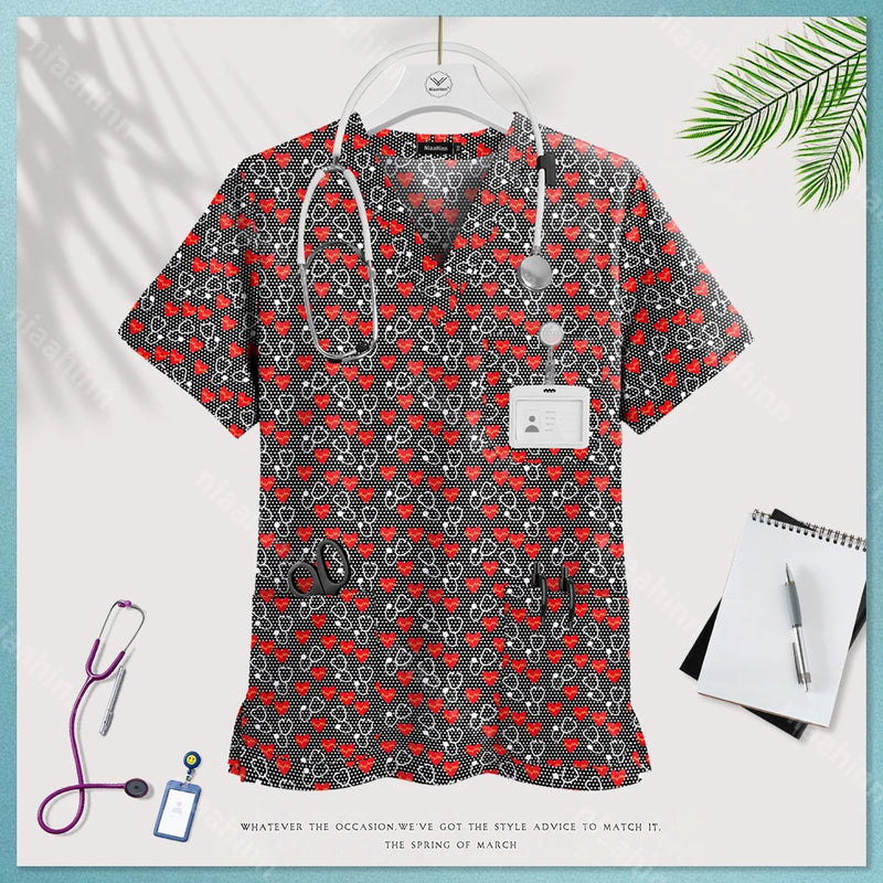 Medical Uniform Tops for Women Medical Print V-Neck Clinical Uniform T-shirts Short Sleeved Pocket Tops Surgical Uniforms Woman