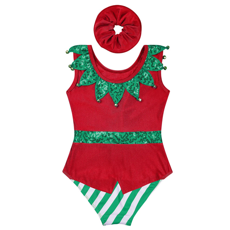 Girl Christmas Gymnastic Leotards with Headband Outfit Sleeveless Ballet Dance Bodysuit Xmas Elf Costume Xmas Athletic Dancewear