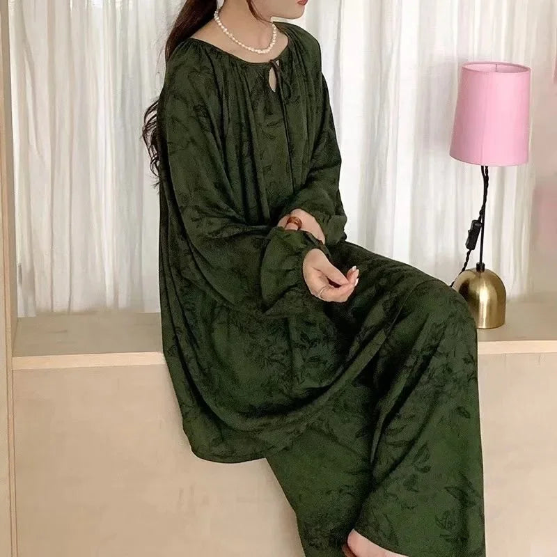 Spring Autumn Cotton Silk Sleepwear Women Loose Thin Home Clothes Set Large Size V-neck Comfortable Breathable Home Fashion