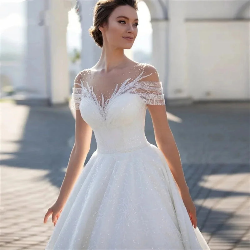 Customized Elegant Short Sleeve Wedding Dress Classic Beaded Bride Gown 2025 A-line Off-Shoulder Bride Robe Vestidos De Novia