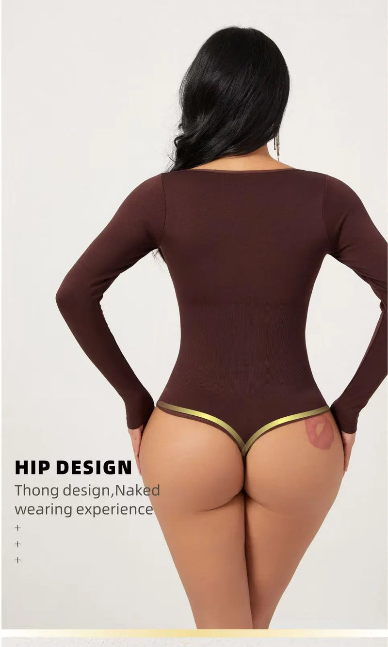 Seamless Open Crotch Big U Neck Bodysuit Long Sleeve Spandex Elastic Shapewear Tummy Control Waist Shapers for Women