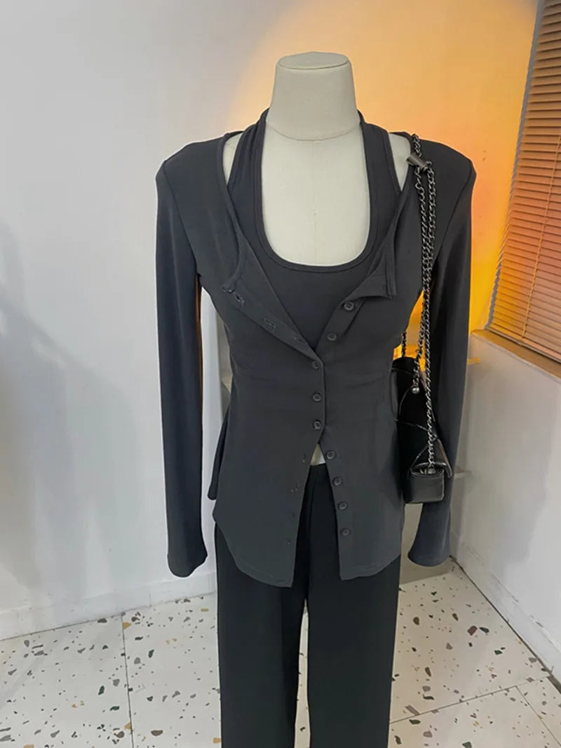 Ele ort Sve V-Ne Button-Up Cardigan Women's Slim Fit Ne Hanging Strap One Row of Buttons Spring Autumn New Sle