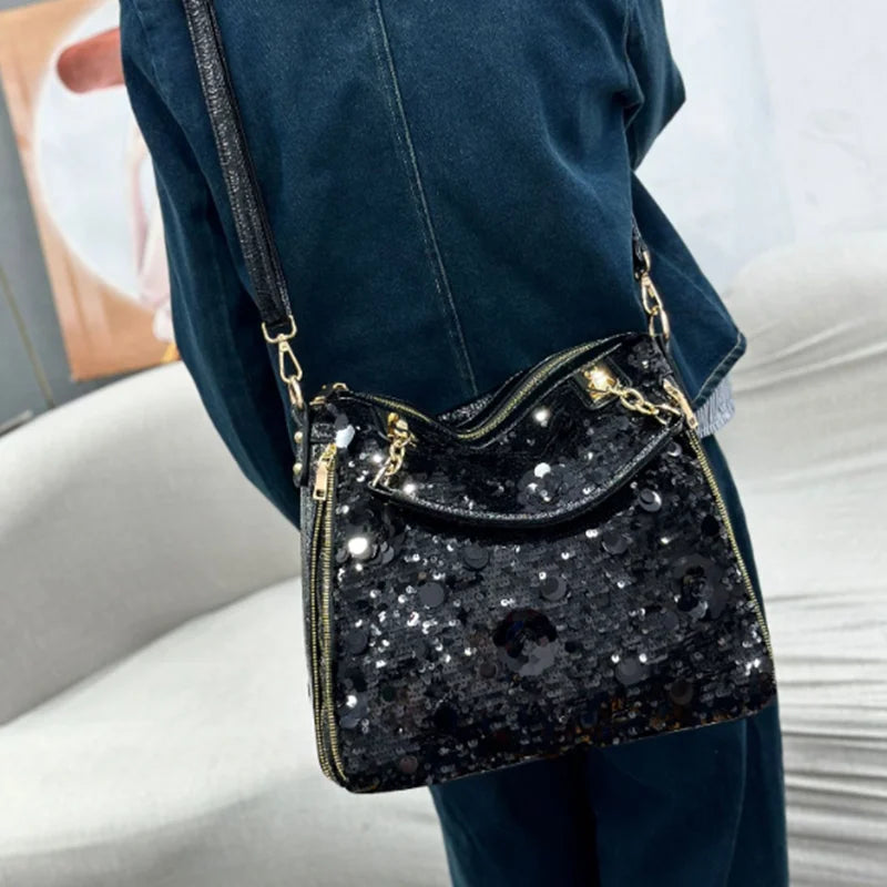 New sequin handbag Korean version of fashion senior women's bag large capacity soft leather bead single shoulder crossbody bag