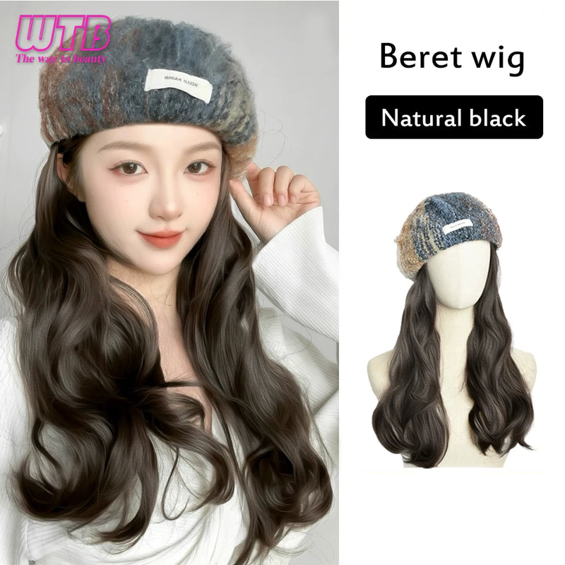 WTB Wavy Curly Hair Hat Wig Long Hair Black/Golden Beret Autumn Winter Hat Chemical Fiber Wig Hair Extensions Hair Accessories