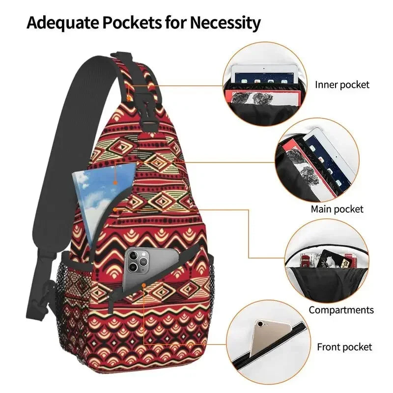 Maroon African Ankara Crossbody Sling Backpack Africa Civilization Styles Shoulder Chest Bag for Travel Hiking Daypack