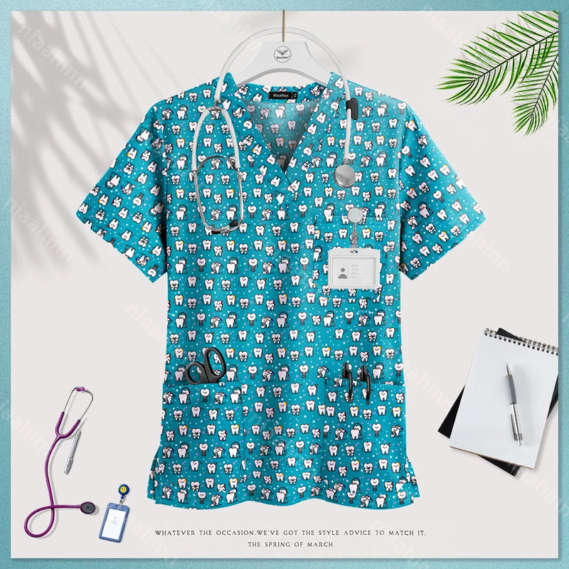 Medical Uniform Tops for Women Medical Print V-Neck Clinical Uniform T-shirts Short Sleeved Pocket Tops Surgical Uniforms Woman