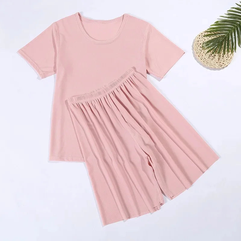 Summer Lightweight Loose Casual Short Sleeve T-Shirt Five-Point Pants Sleepwear Set for Men And Women Home Comfortable Pyjamas