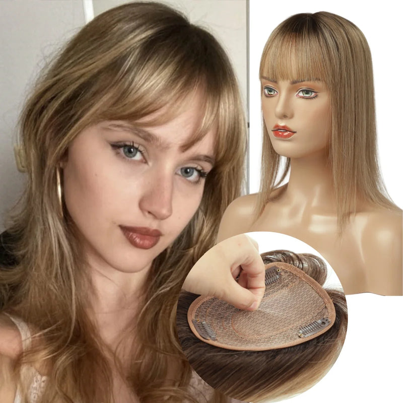 14 Polegada marrom ombre 100% toppers de cabelo humano com franja clipe em remy hairpieces para mulheres extensões de cabelo reto uso diário