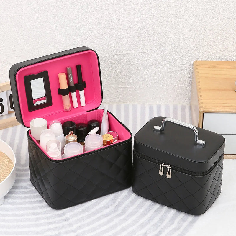 Large Capacity Quilted Makeup Bag Travel Cosmetic Organizer PU Portable Toiletry Storage Handheld Bag
