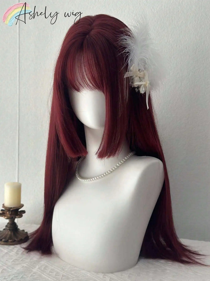 Ashely Cosplay Burgundy Long Straight Wig with Bangs 24 Inch Red Synthetic Wigs for Women Fashion Daily Party Wigs Lolita Wig