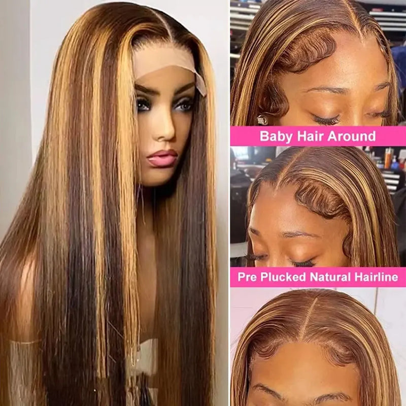 P4/27 Highlight Straight 13x6 Lace Frontal Human Hair Wig Blonde Brown Piano Colored 13x4 Transparent Lace Front Wig Pre Plucked