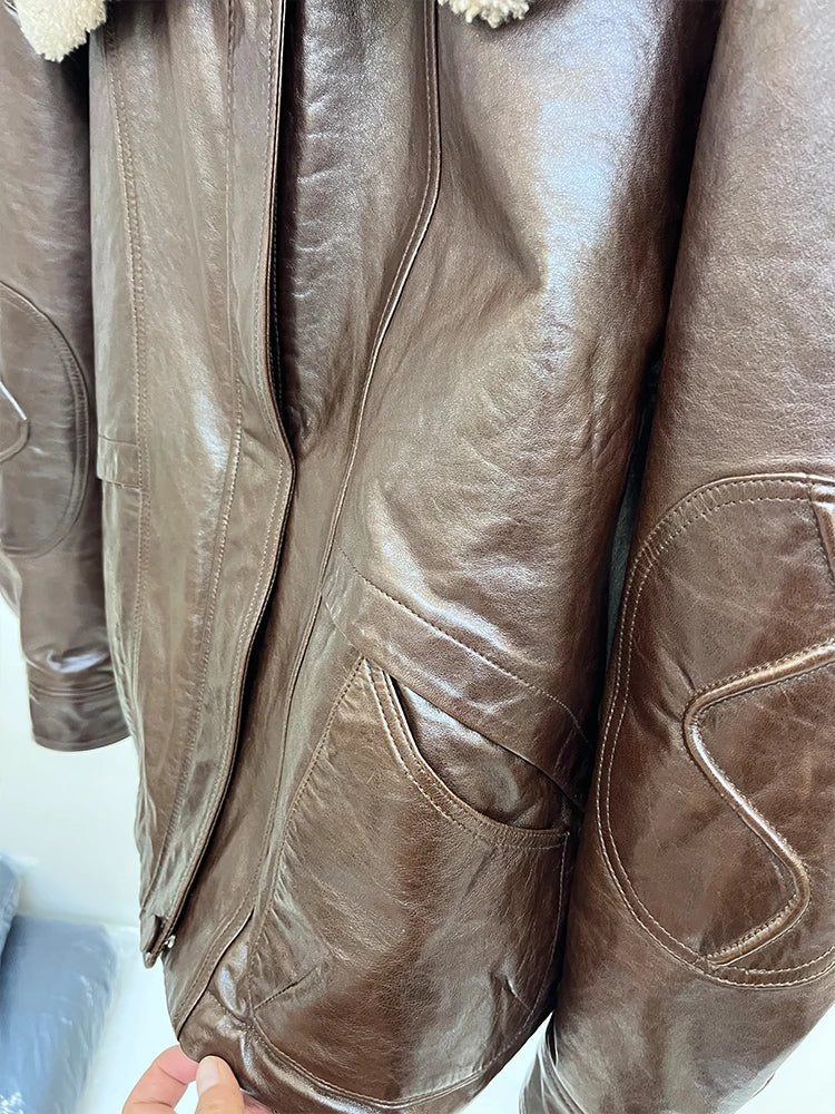 2024 enuine Sheepskin Leather Jacket Natural Merino Sheep Fur Collar Goose Down Jacket Coat Women's Luxury Female Coats