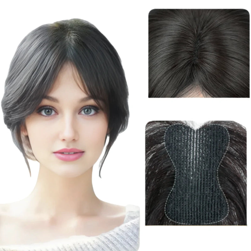 Adesivos de cabelo humano com gancho e laço, pasta mágica, toppers de cabelo para mulheres, sem clipe, cabelo humano, divisão intermediária, franja lateral de 10 polegadas