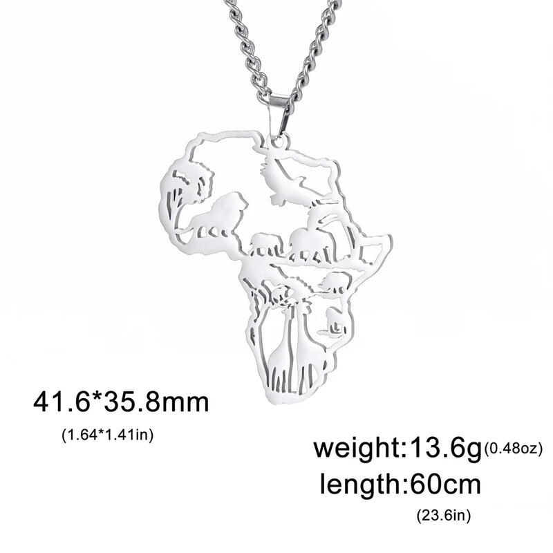 My Shape Africa Map Lion Elephant Monkey Giraffe Pendant Necklaces Men Women Stainless Steel Animal Chain Choker African Jewelry