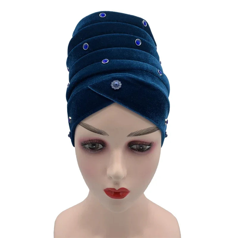 1 pc feminino veludo turbante bonnet diamantes africano aso oke headtie muçulmano cabeça envolve islâmico femme musulman lenço chapéu