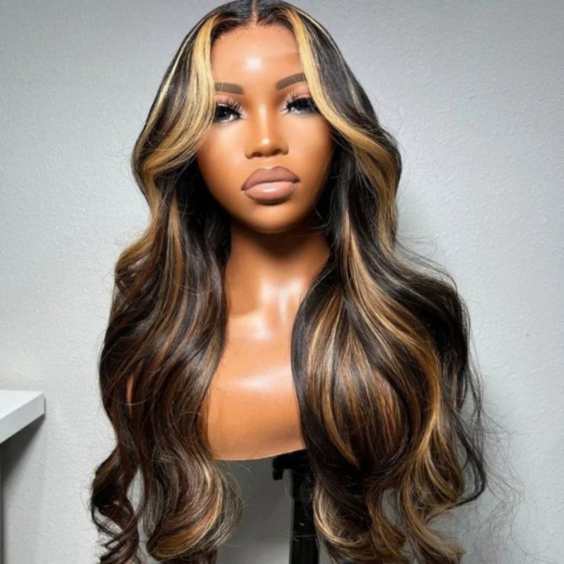 Honey Blonde Synthetic Wigs For Women Lace Front Wig Pre Plucked With Baby Hair Body Wave Blonde Lace Front Wigs 180% Density
