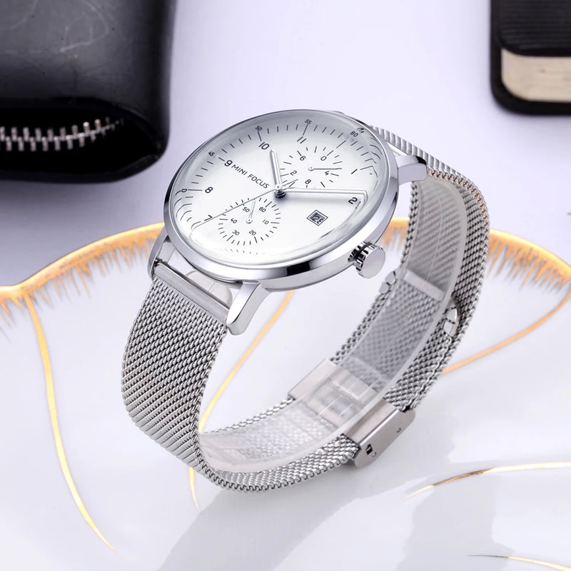 Mini foco luxo à prova dwaterproof água relógios masculinos calendário janela prata negócios relógio de quartzo pulseira aço inoxidável mãos luminosas 0052