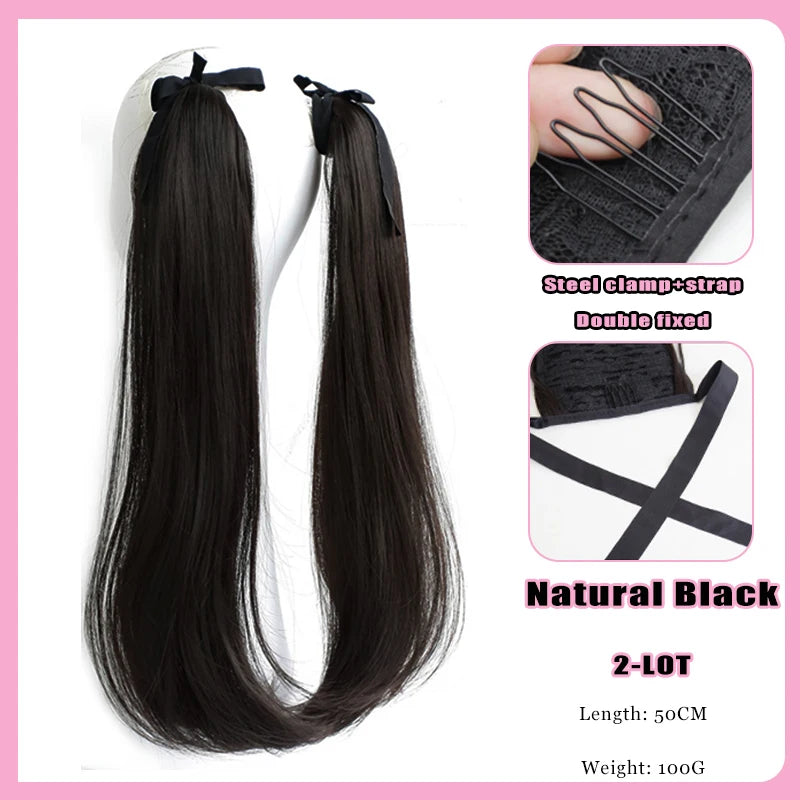 FORLISEE Synthetic Grip Clip Ultra Light Double Ponytail Wig Piece Can Be Tied With A High Strap Style Low Ponytail Braid
