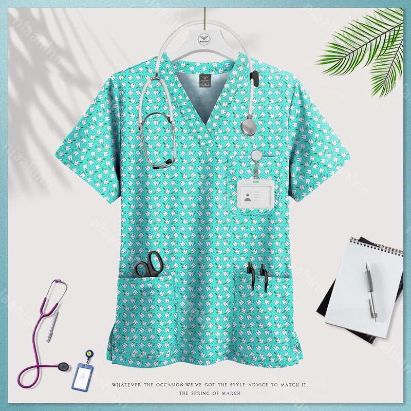 Medical Uniform Tops for Women Medical Print V-Neck Clinical Uniform T-shirts Short Sleeved Pocket Tops Surgical Uniforms Woman
