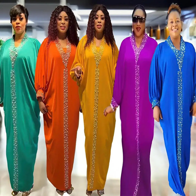Elegante Rayon Tecido Vestido com Strass e Beads, Vestuário Africano, Nova chegada, Plus Size