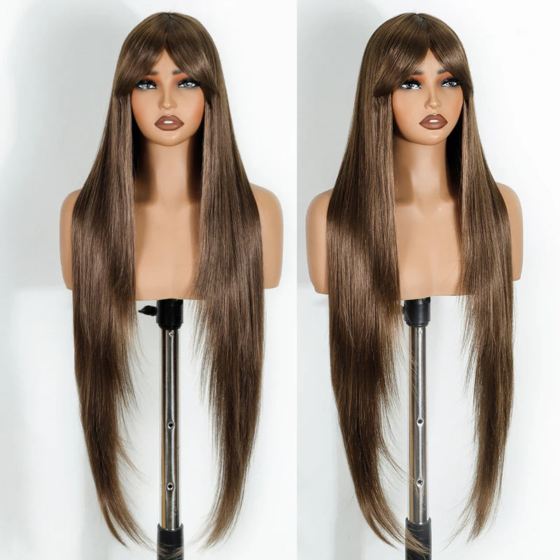FREEDOM Synthetic Wigs For Women Long Straight Wig With Bangs White Burgundy Ombre Brown Wig Heat Resistant Fiber Cosplay Wigs