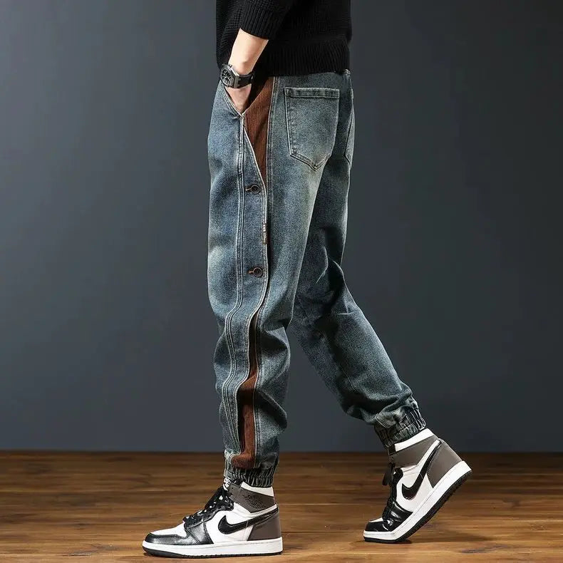 American Sle Spliced Work Pants Men's Loose Casual Cargo Jeans Long Trousers Spring Summer Autumn New Heavyweight Model