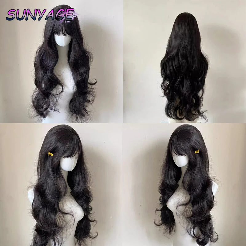SUNYAGE Lolita Black Wig for Women Long Wavy Hair 75cm Curly Wig with Bangs Cosplay Headband Wigs Synthetic Wigs for Daily Use