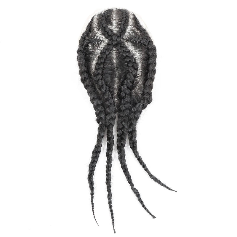 1B Cornrow Box Braided Toupee For Men Human HairPiece Breathable Lace With PU Replacement System Hair Prosthesis Units Patch Wig