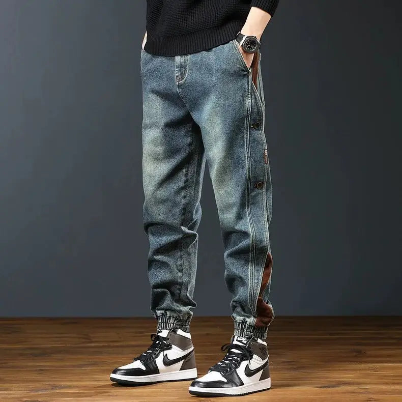 American Sle Spliced Work Pants Men's Loose Casual Cargo Jeans Long Trousers Spring Summer Autumn New Heavyweight Model