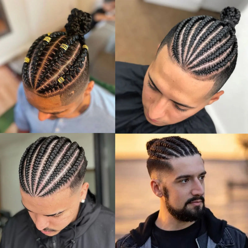 1B Cornrow Box Braided Toupee For Men Human HairPiece Breathable Lace With PU Replacement System Hair Prosthesis Units Patch Wig