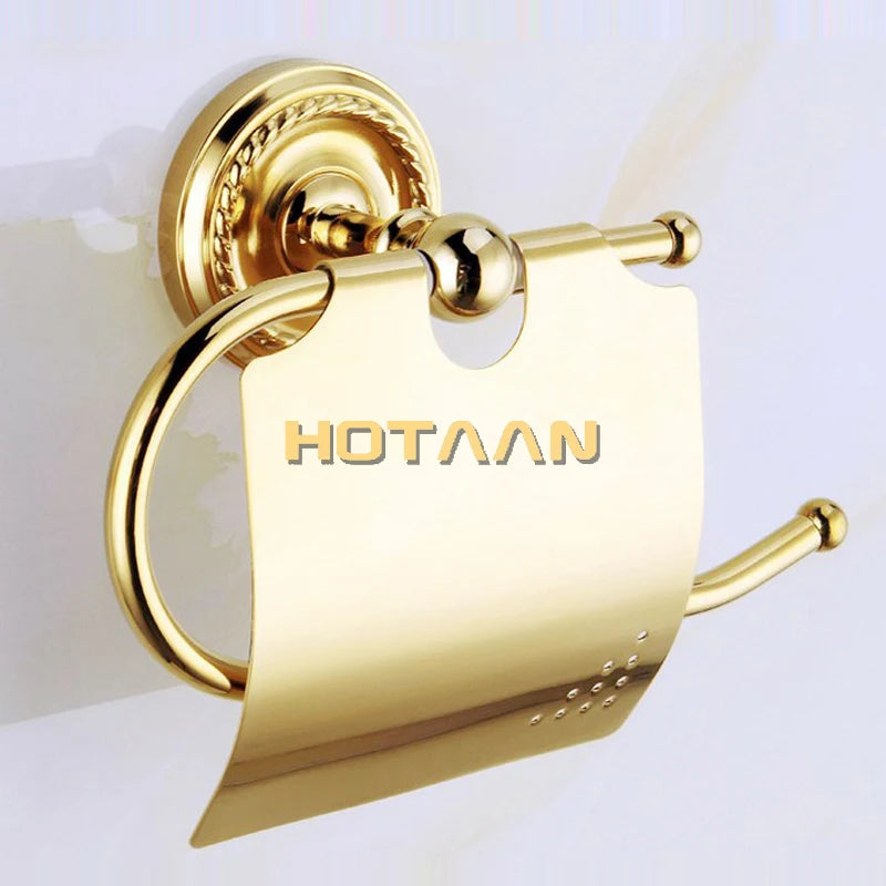 Conjunto de acessórios de banheiro de latão vendido, gancho de roupão, suporte de papel, barra de toalha, anel de toalha, conjuntos de banheiro, toalheiro dourado ht- 810900 -T