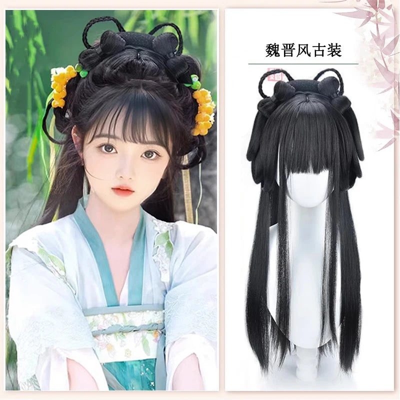 AOSI Synthetic Wei And Jin Style Warring States Robe Hanfu Wig Package Integrated Bun Back Pressed Back Hair Ancient Style