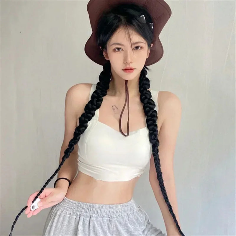 synthetic wig 2Pcs Hip-Hop Women Black Braided Twisted Ponytail Wig Long Braid Extensions Girls Hair Accessories