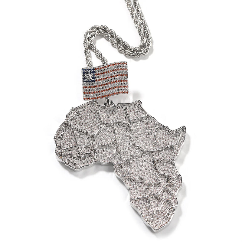 THE BLING KING Large Africa Map Shaped Pendant Necklace With America Flag Bail Full Iced Out Cubic Zirconia Rock Hip Hop Jewelry