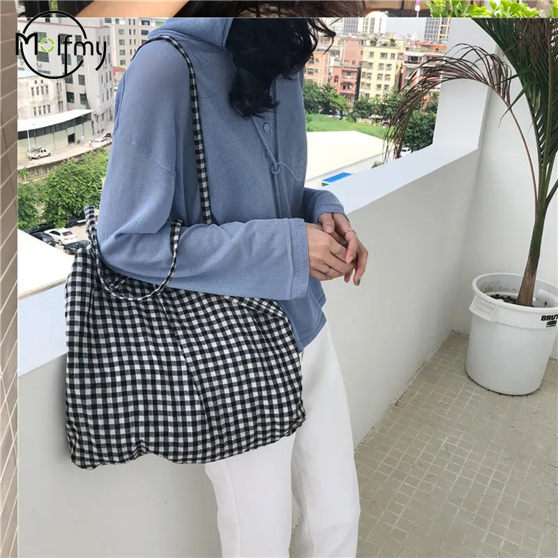 Canvas Bag Woman Casual Plaid Women Shopping Bag Large Capacity Cute Tote Handbags Cloth Double-sided Girls Frenum Shoulder Bags