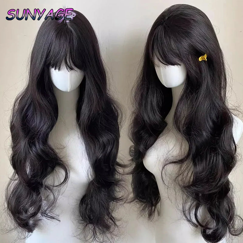 SUNYAGE Lolita Black Wig for Women Long Wavy Hair 75cm Curly Wig with Bangs Cosplay Headband Wigs Synthetic Wigs for Daily Use