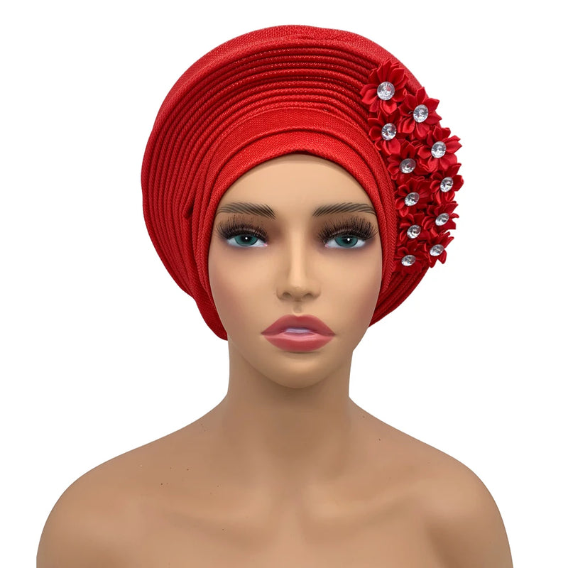 New African Headtie Turban Nigeria Head Ties with Flowers Already Made Auto Gele Women Head Wraps for Wedding Party