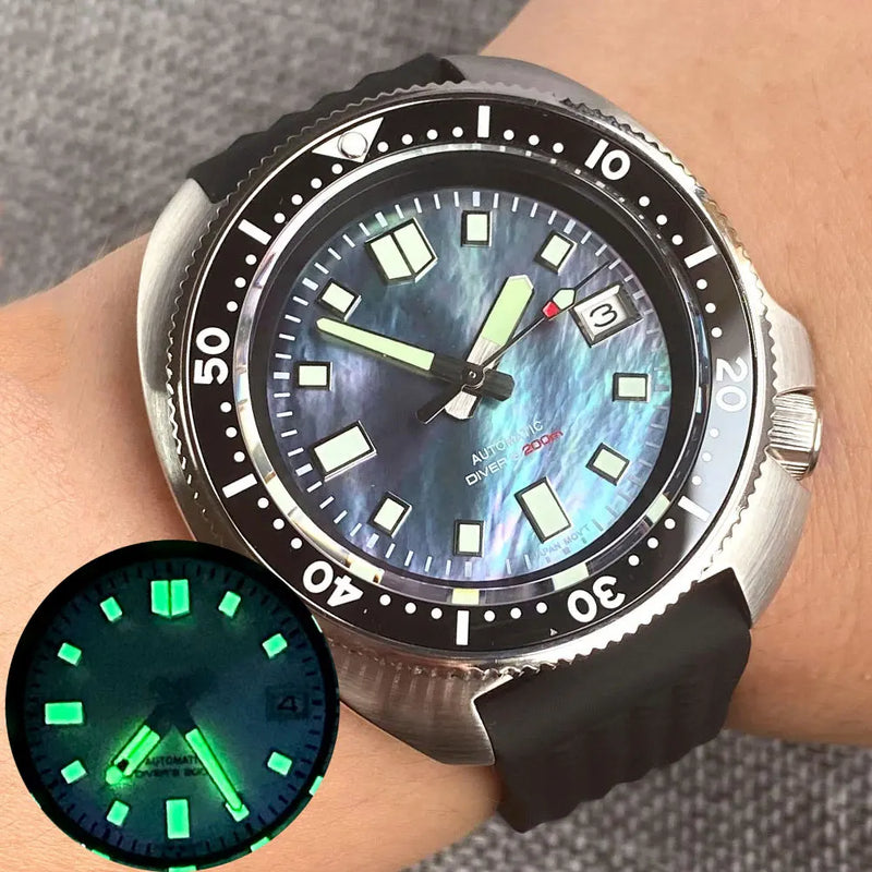 Tandorio NH35A Mother of Pearl White Black Dial Automaitc  Mens Watch Captain Mechanical 20Bar Silicone Strap Diving Lume Clock