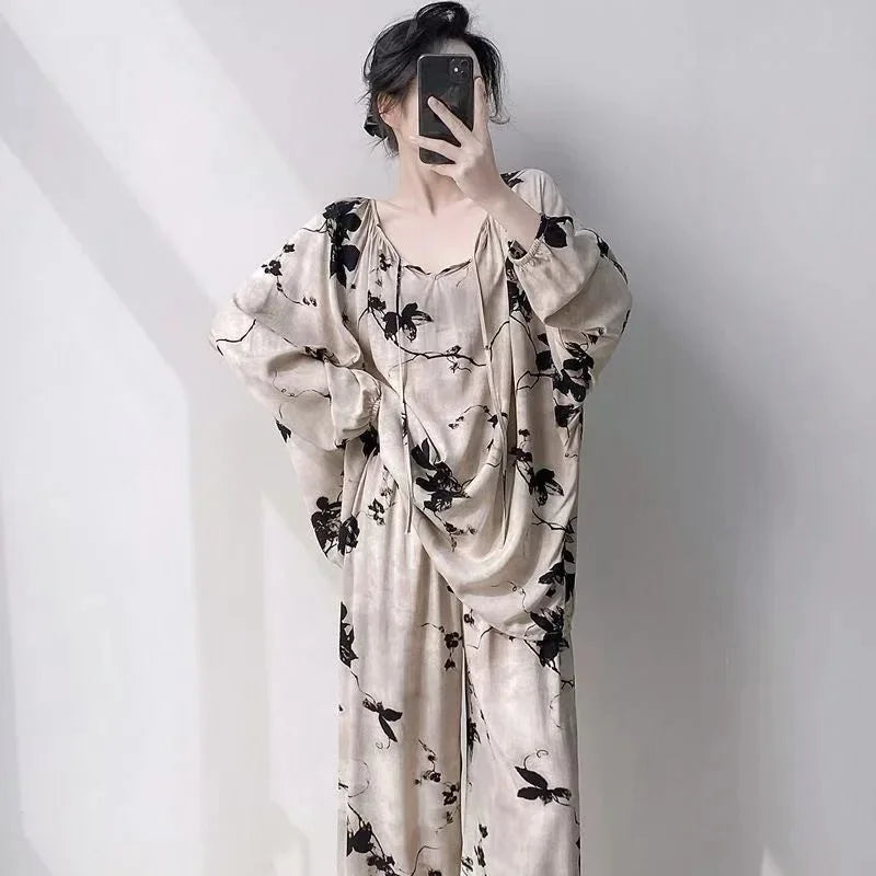 Spring Autumn Cotton Silk Sleepwear Women Loose Thin Home Clothes Set Large Size V-neck Comfortable Breathable Home Fashion