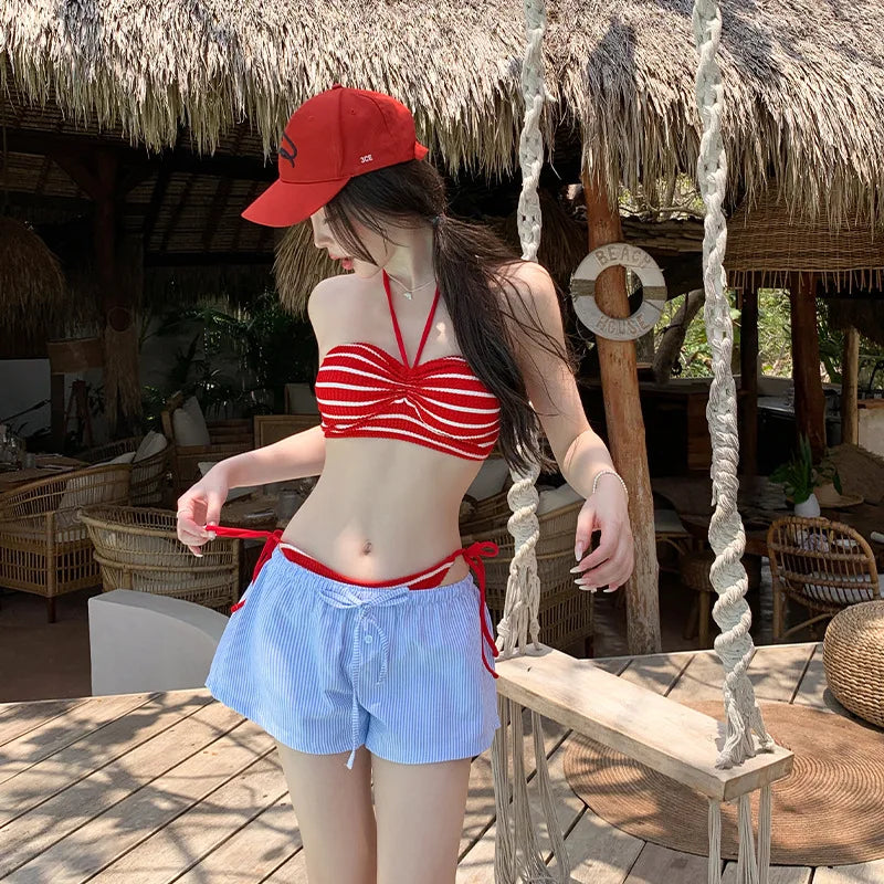 Sweet Cute Style Bikini Women's Separate Neck Hanging Shoulder Strap Swimming Suit Vacation White Highlighting Female Swimwear