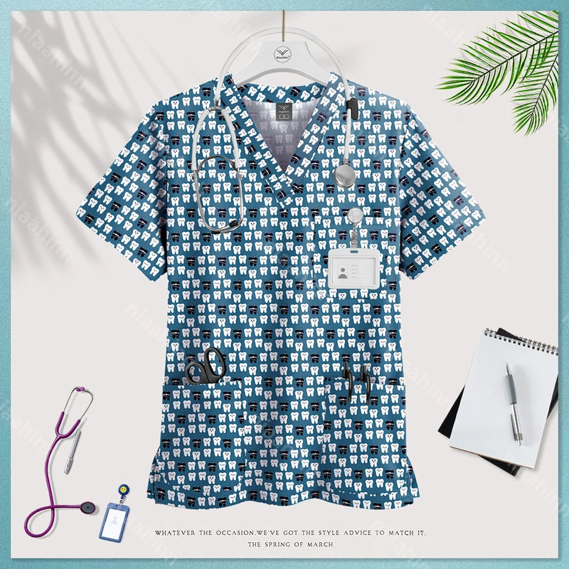 Medical Uniform Tops for Women Medical Print V-Neck Clinical Uniform T-shirts Short Sleeved Pocket Tops Surgical Uniforms Woman