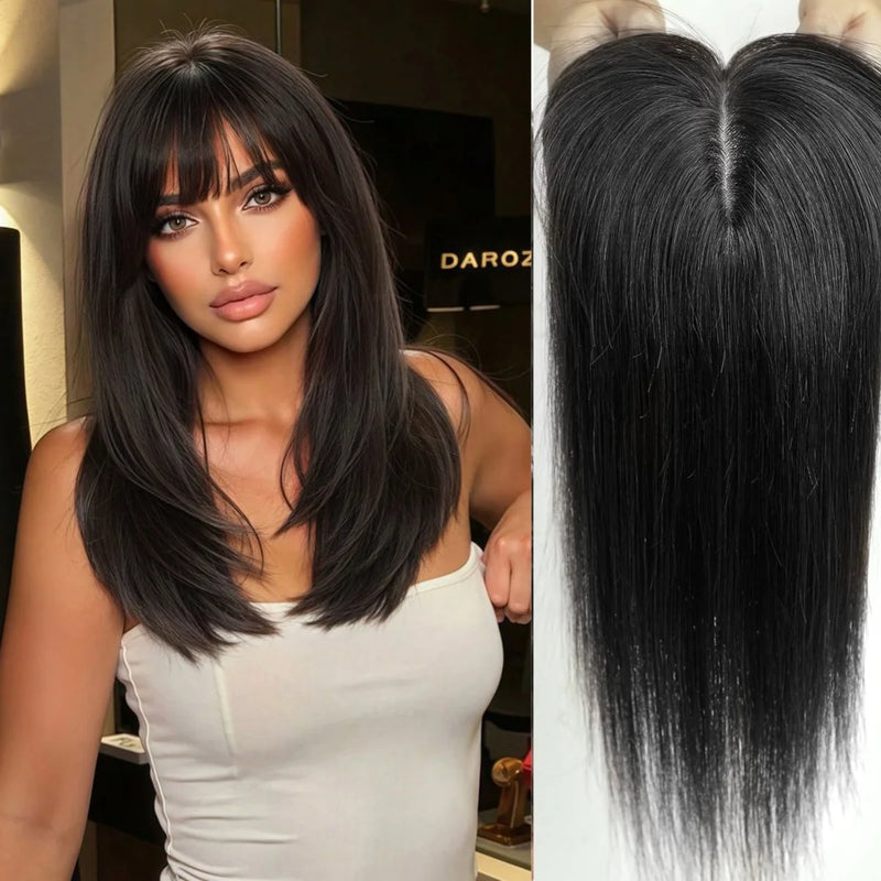 Toppers de cabelo humano remy, base de seda marrom reta, extensão de cabelo com franja, topper de cabelo humano para mulheres, uso diário, 14 tamanhos