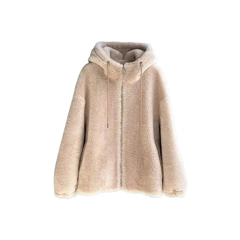 Woman jacket 2024 new fashion winter wool fur coat women hooded r Jackets Real Shearing Sheep fur Coats