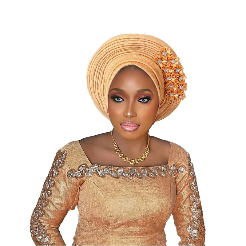 New African Headtie Turban Nigeria Head Ties with Flowers Already Made Auto Gele Women Head Wraps for Wedding Party