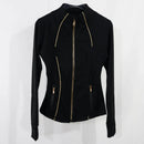 Jaqueta de ioga feminina com zíper dourado |     Cardigan Slim Fit com gola alta |     Bainha antiderrapante e furos para polegares |     Ela alta de secagem rápida