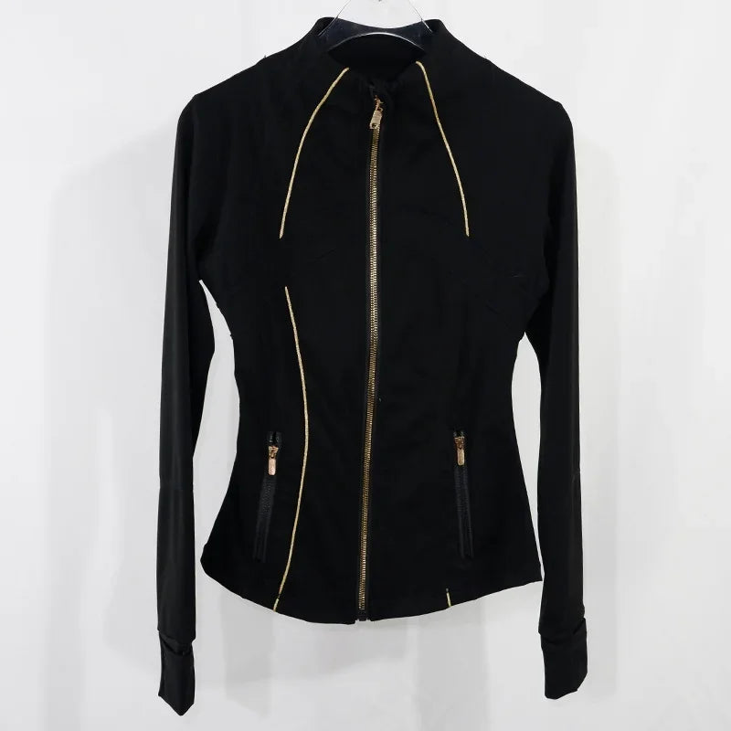 Jaqueta de ioga feminina com zíper dourado |     Cardigan Slim Fit com gola alta |     Bainha antiderrapante e furos para polegares |     Ela alta de secagem rápida