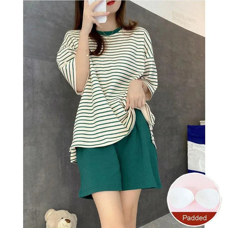 Large Size with Cushion Pajamas Women Summer Loose Striped School Leisure Homewear Two-Piece Set Green Korean Fashion Sleepwear